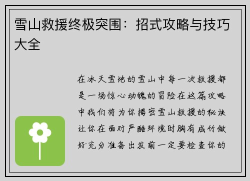 雪山救援终极突围：招式攻略与技巧大全