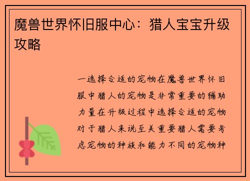 魔兽世界怀旧服中心：猎人宝宝升级攻略